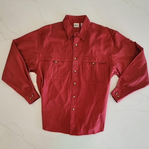 VTG REI Sz M Men Red Canvas Button Up Long Sleeve Vented Outdoor gorpcore Shirt - Picture 1 of 10